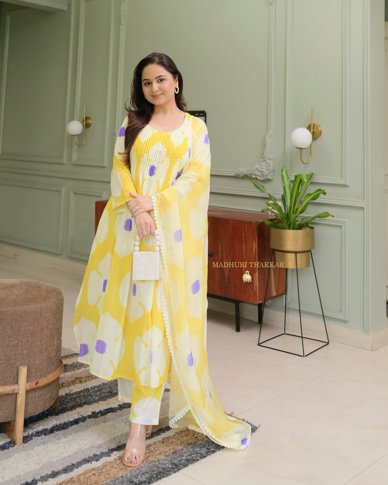 Yellow Lilac Pintex Floral Cotton Suit