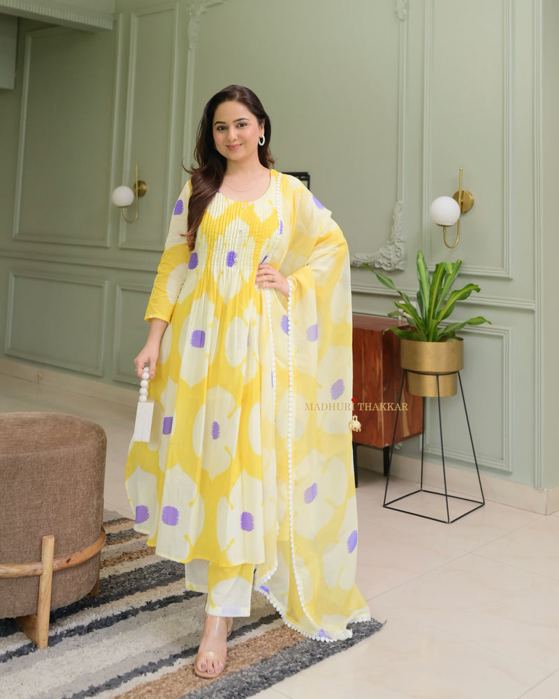 Yellow Lilac Pintex Floral Cotton Suit