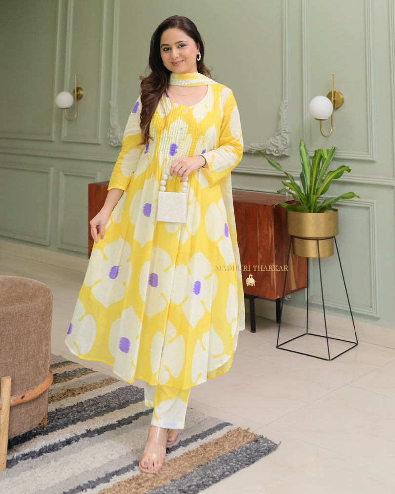 Yellow Lilac Pintex Floral Cotton Suit