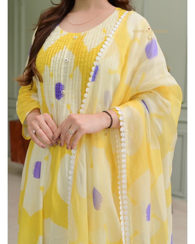 Yellow Lilac Pintex Floral Cotton Suit