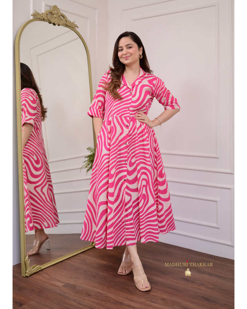 Pink Abstract Cotton A Line Dress