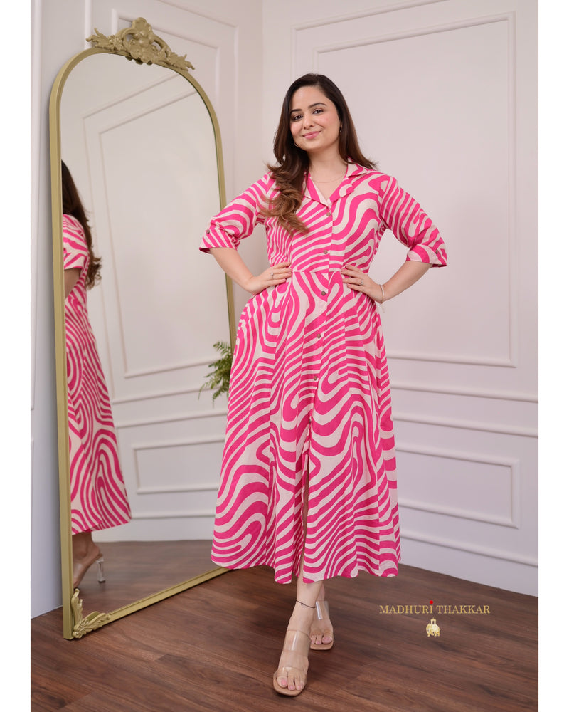 Pink Abstract Cotton A Line Dress