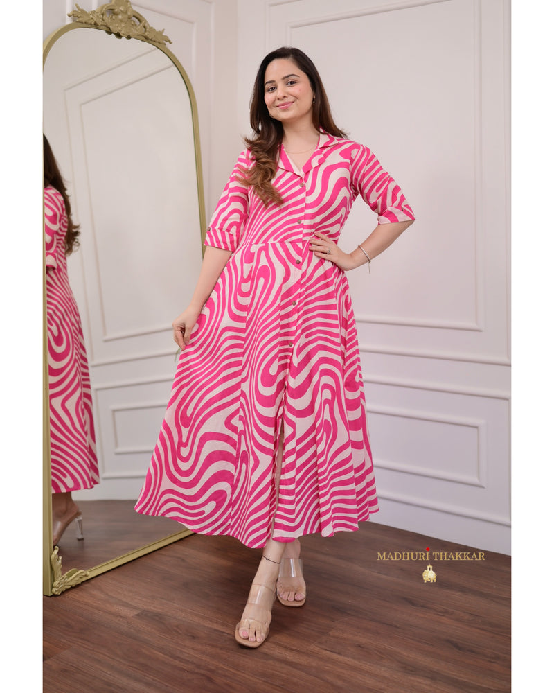 Pink Abstract Cotton A Line Dress