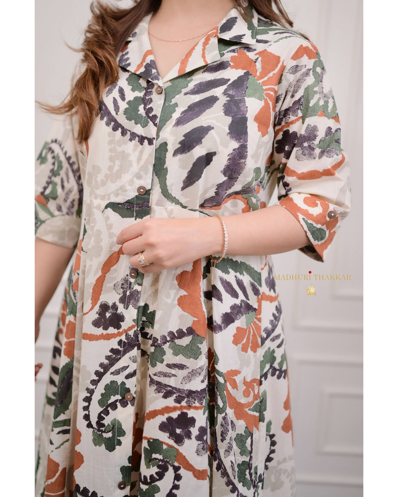 Grey Botanical Cotton A Line Dress