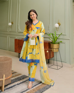 Yellow Abstract Aline Premium Cotton Suit