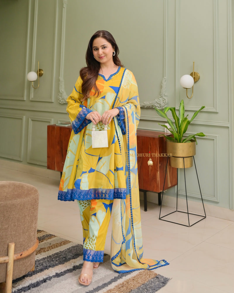 Yellow Abstract Aline Premium Cotton Suit