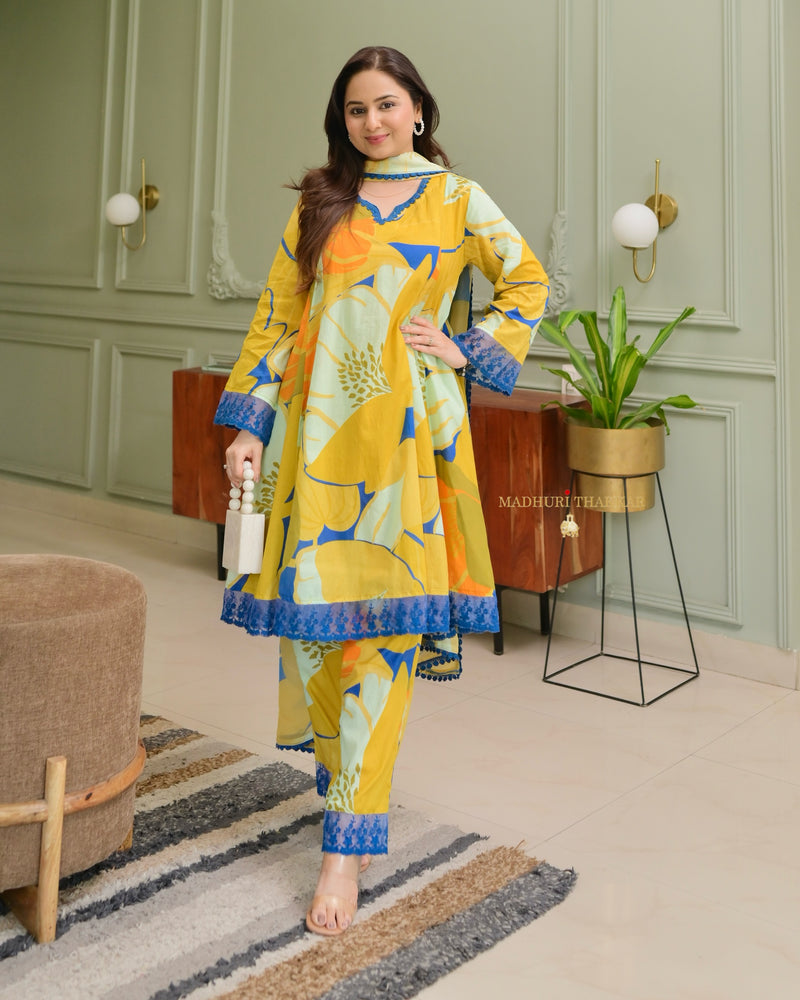 Yellow Abstract Aline Premium Cotton Suit