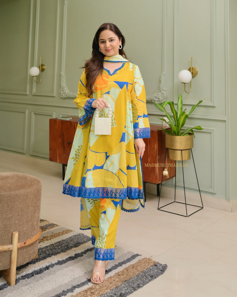 Yellow Abstract Aline Premium Cotton Suit