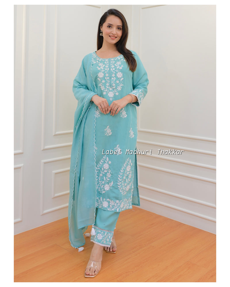 Turquoise Chikankari Mul Cotton Suit