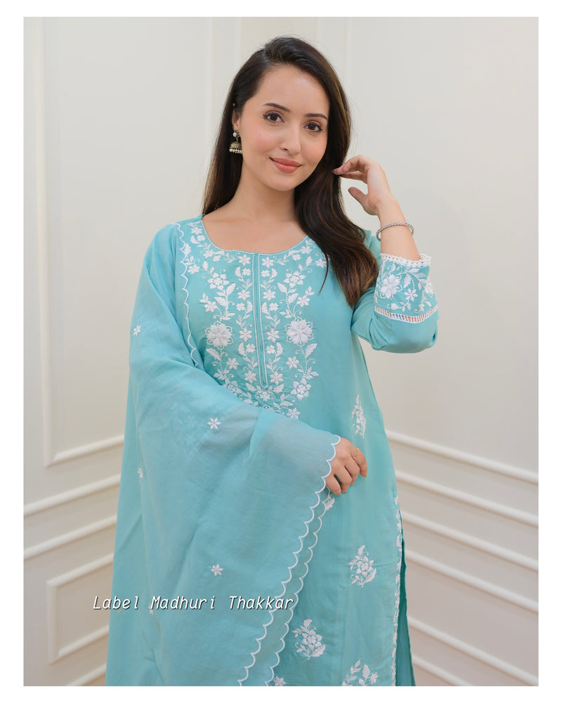 Turquoise Chikankari Mul Cotton Suit