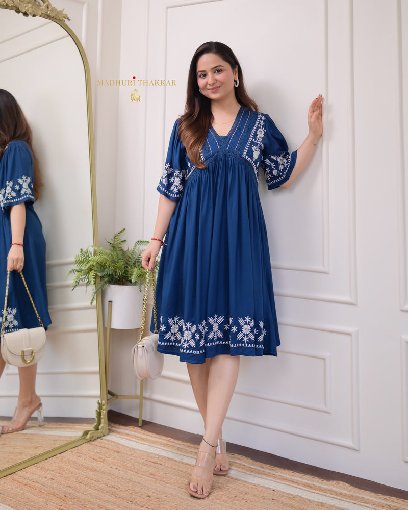 Navy Blue Thread Embroidered Dress