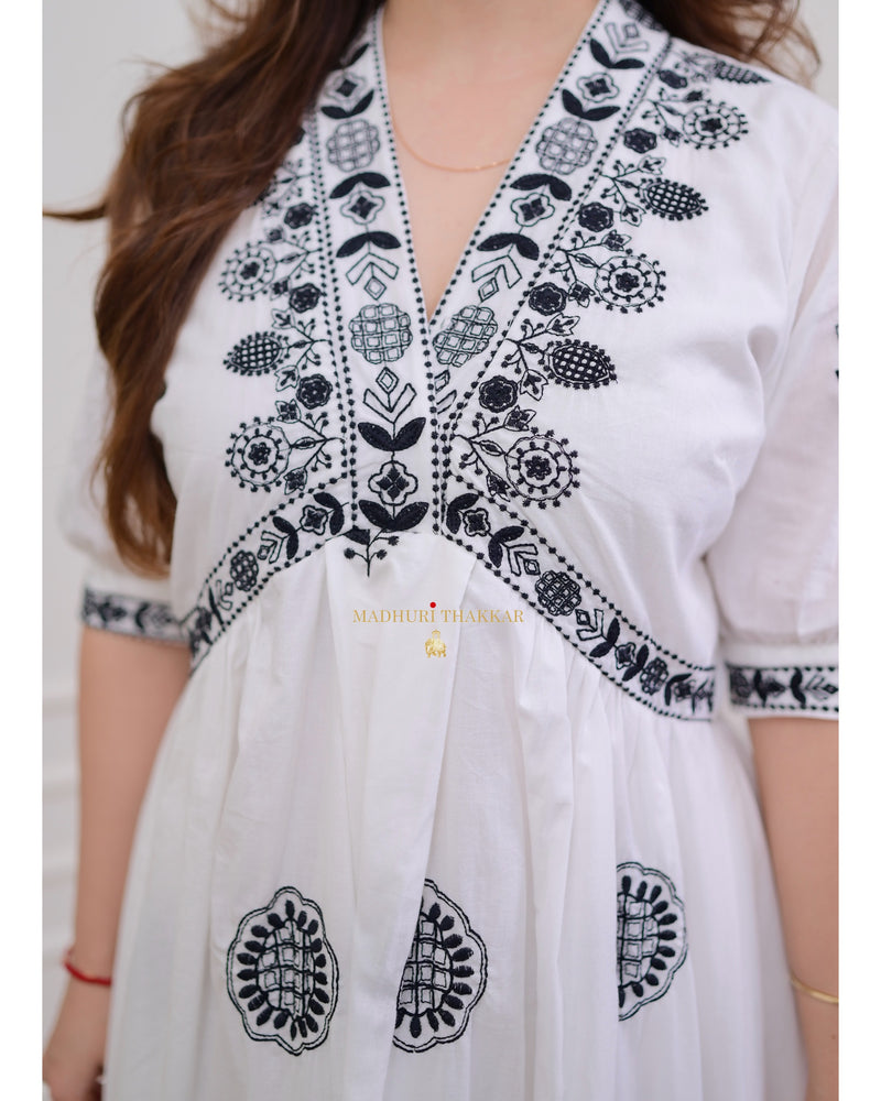 White - Black Thread Embroidered A-line Dress