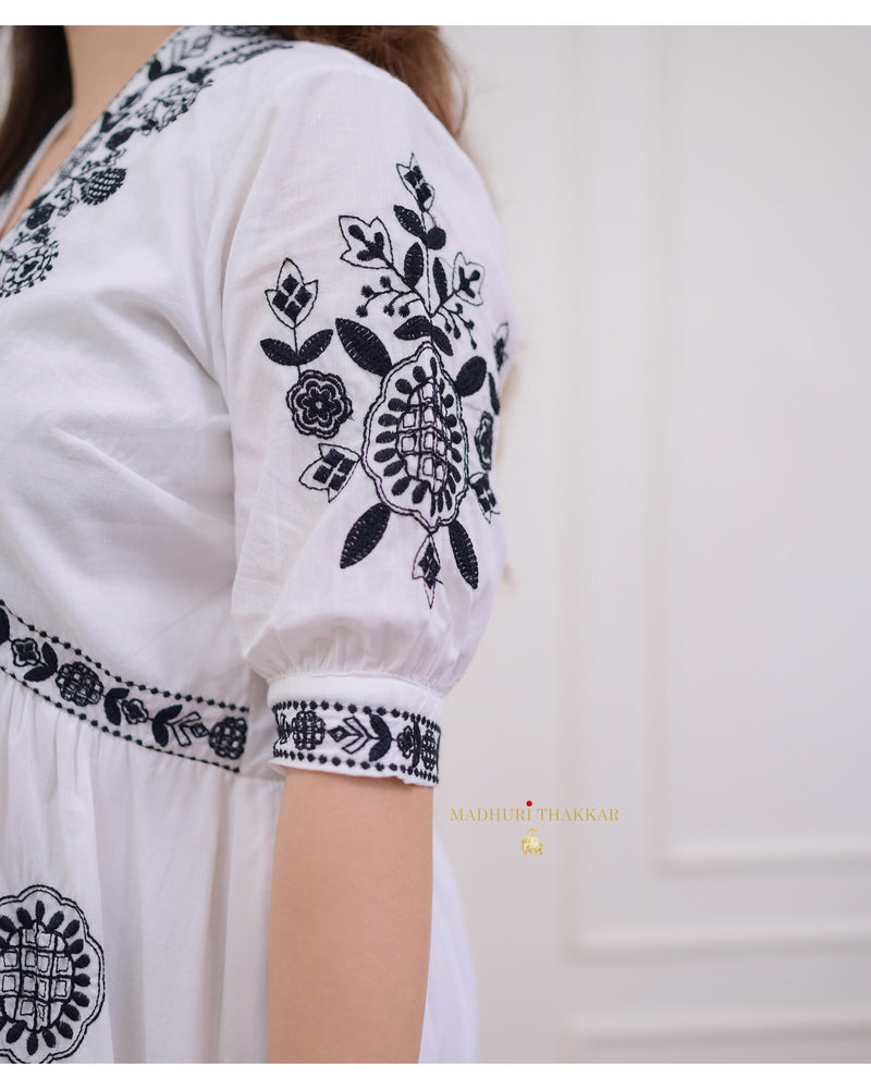 White - Black Thread Embroidered A-line Dress