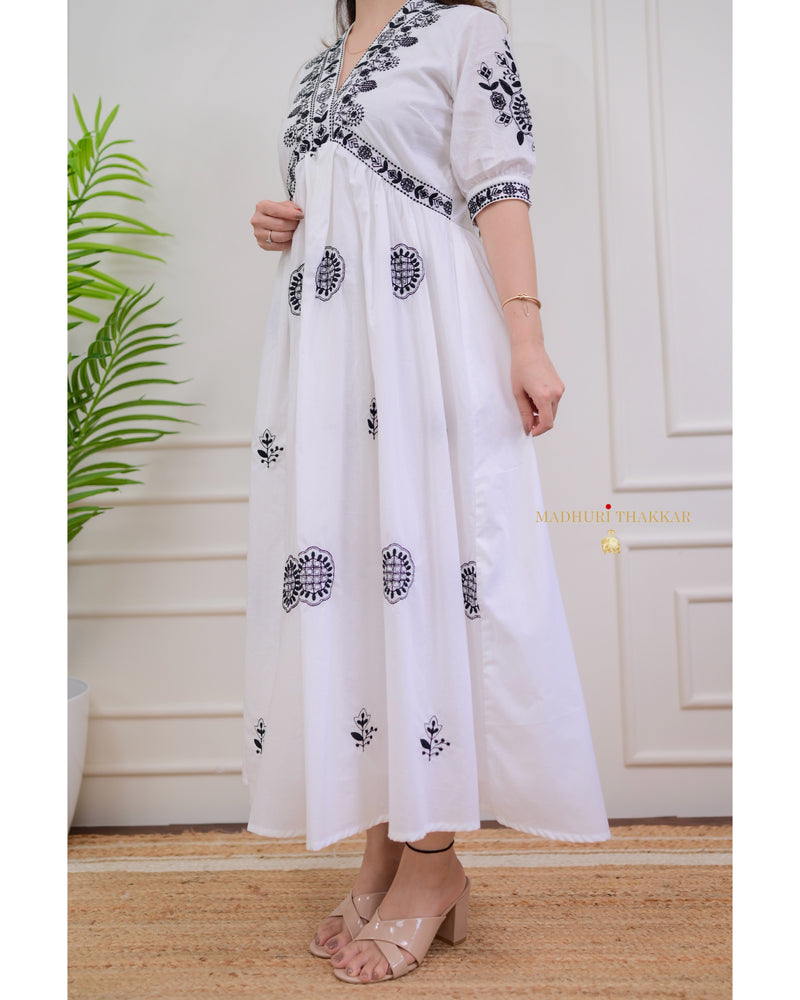 White - Black Thread Embroidered A-line Dress