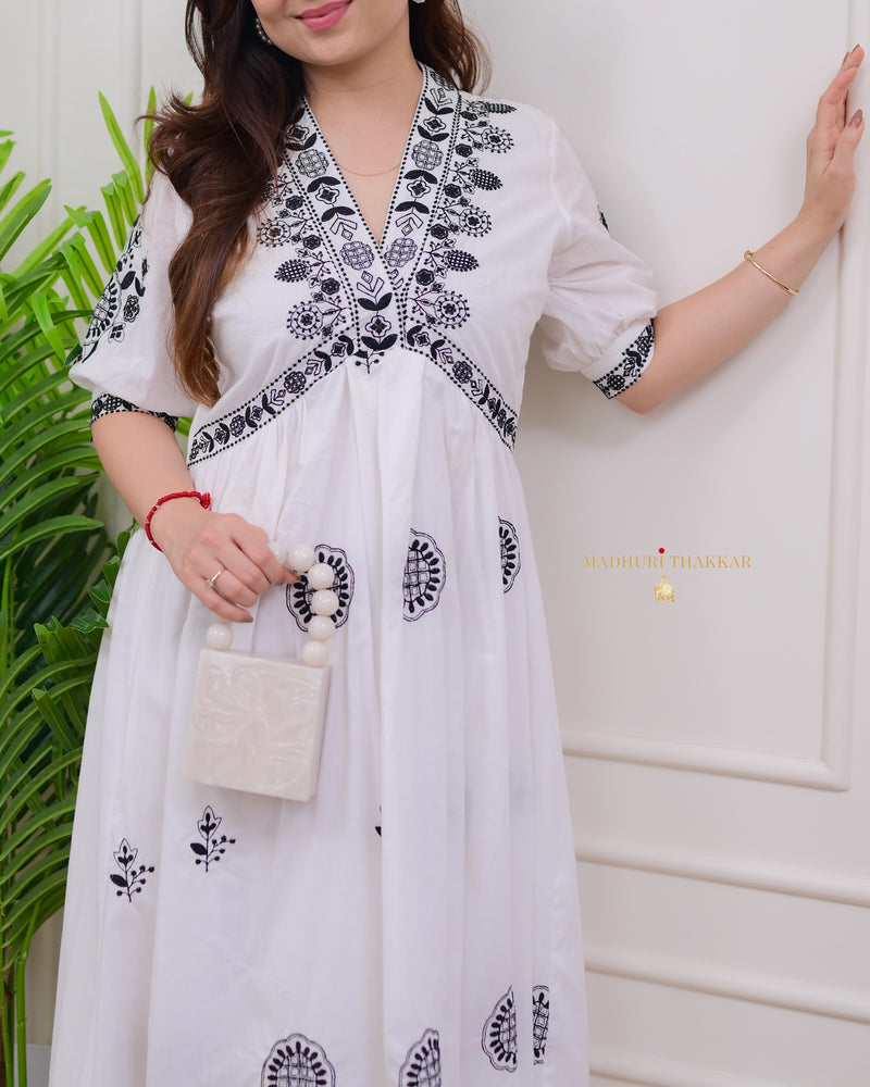 White - Black Thread Embroidered A-line Dress