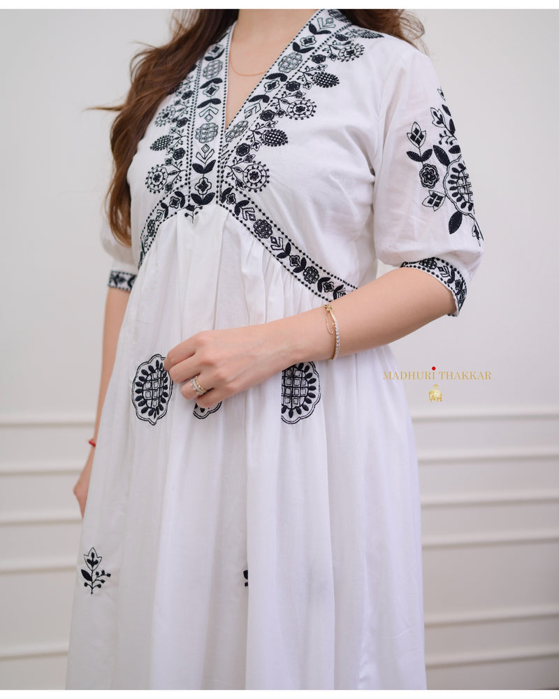 White - Black Thread Embroidered A-line Dress