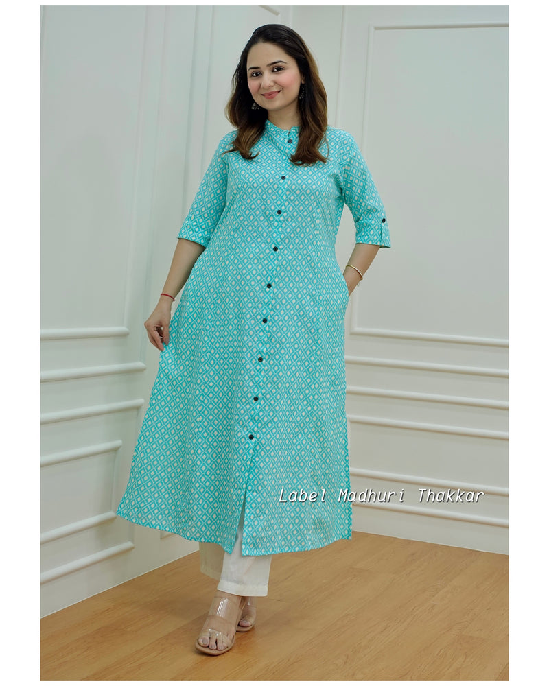 Turquoise A Line Cotton Kurta