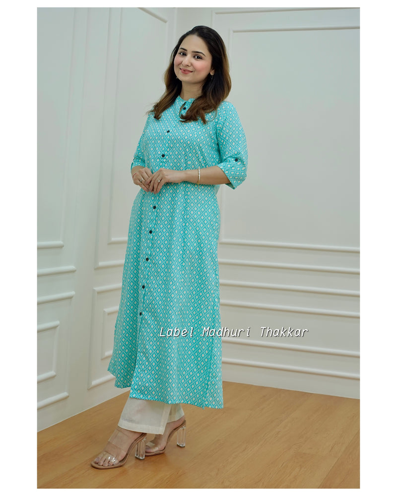 Turquoise A Line Cotton Kurta