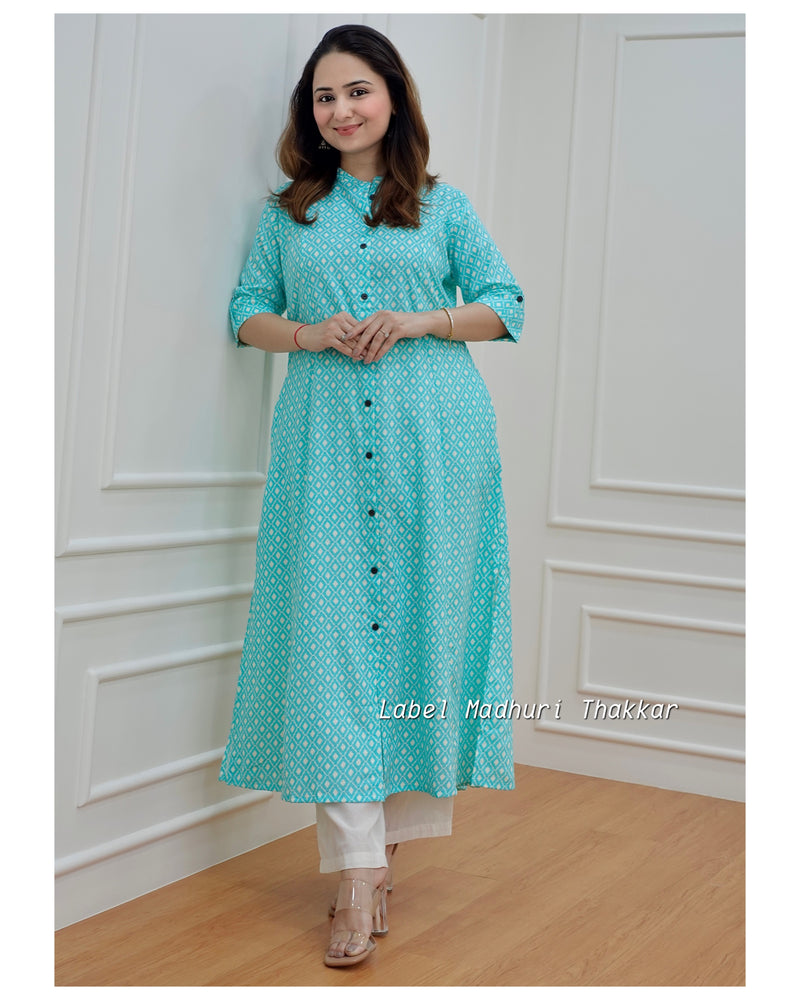 Turquoise A Line Cotton Kurta