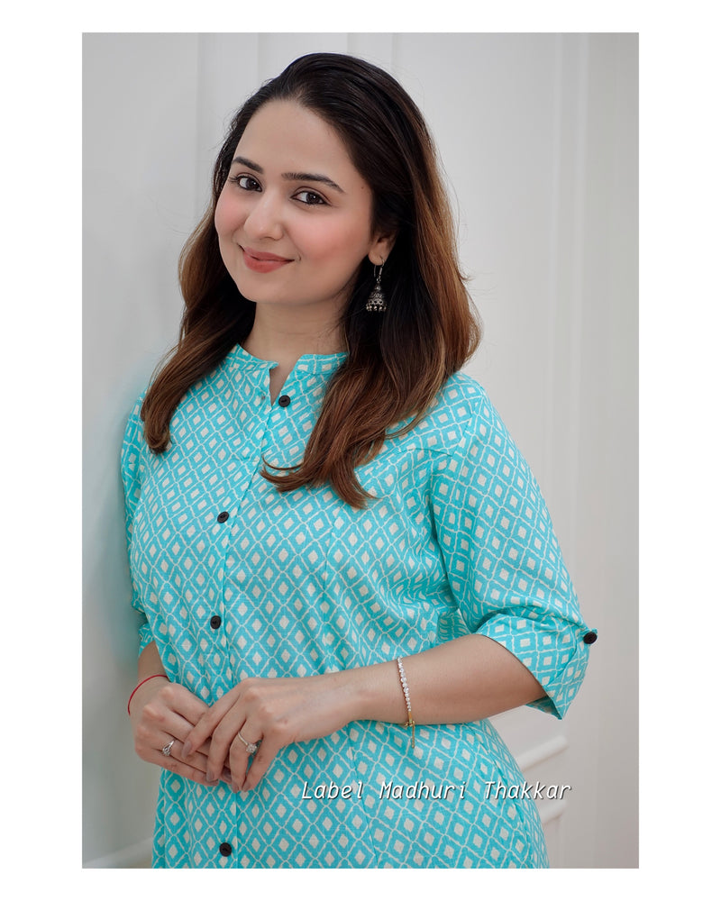 Turquoise A Line Cotton Kurta