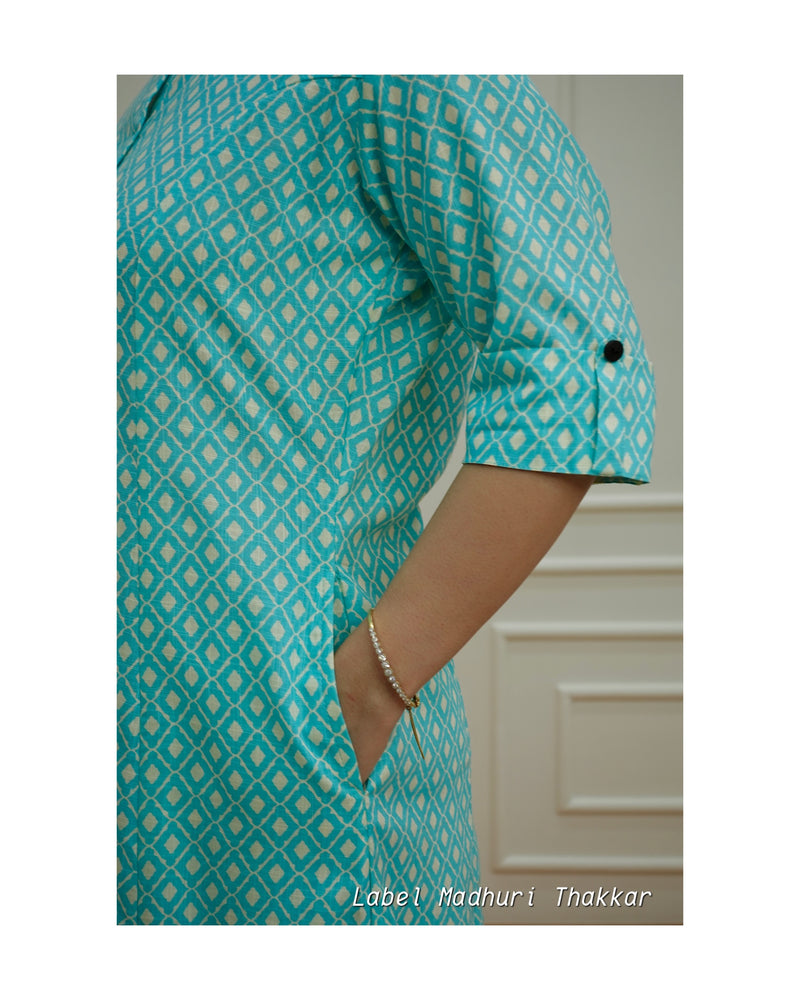 Turquoise A Line Cotton Kurta