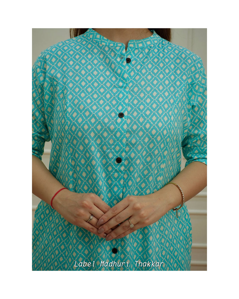 Turquoise A Line Cotton Kurta