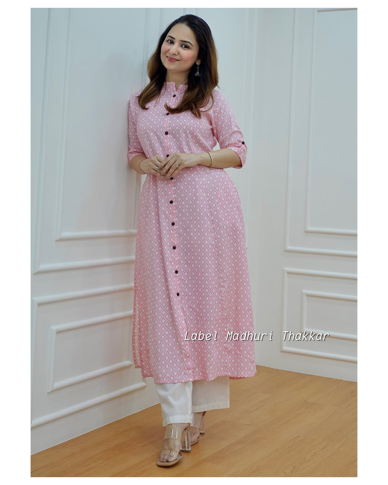 Pink A Line Cotton Kurta