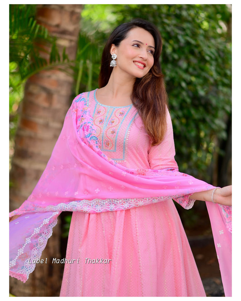 Uma Pink Gotta Anarkali Suit Set – Thread & Button