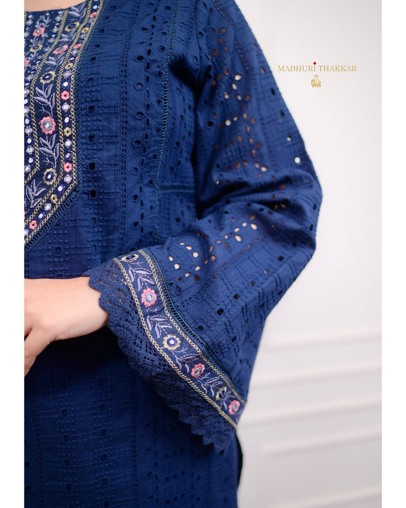 Navy Blue Schiffli Cutwork Pakistani Suit