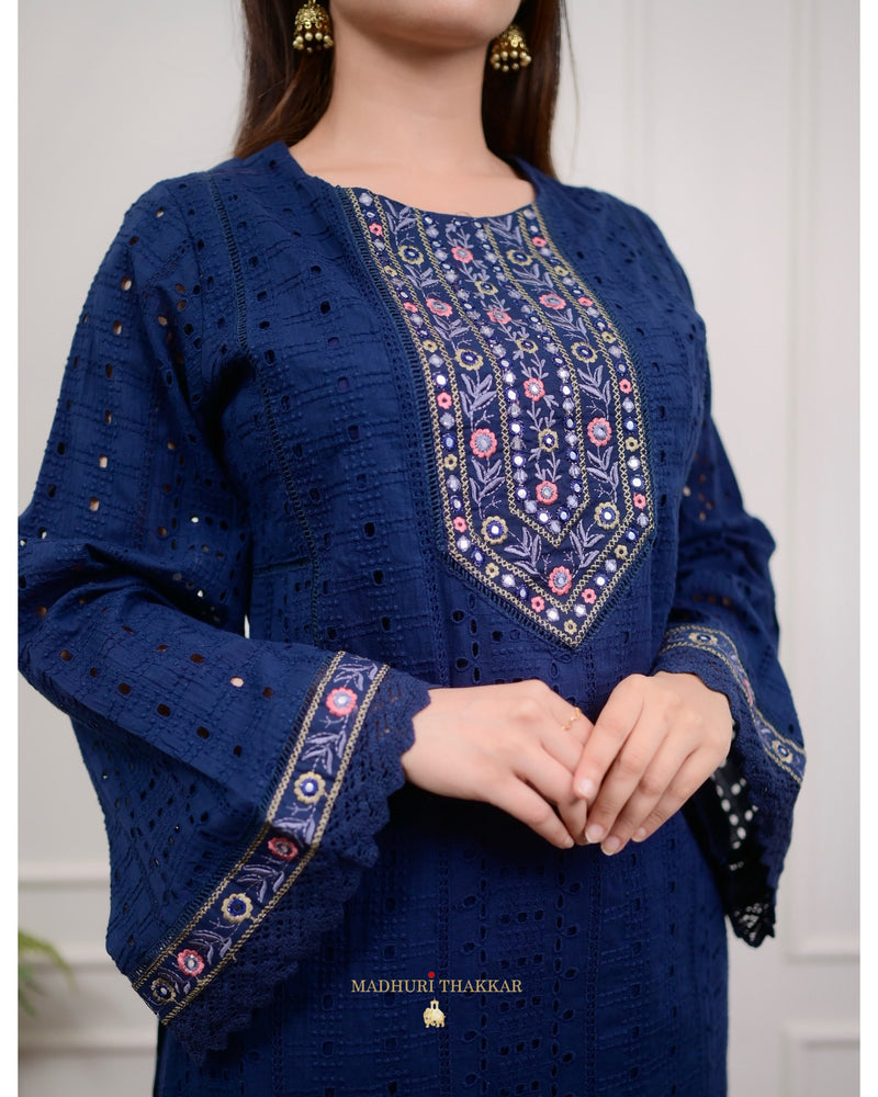 Navy Blue Schiffli Cutwork Pakistani Suit