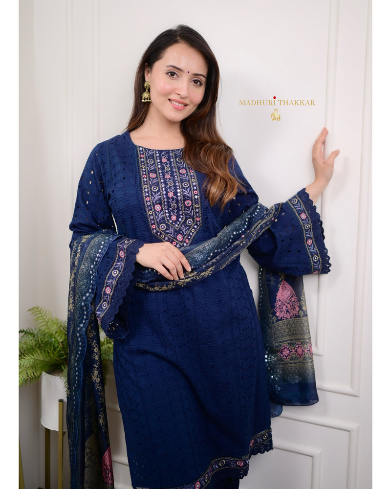 Navy Blue Schiffli Cutwork Pakistani Suit