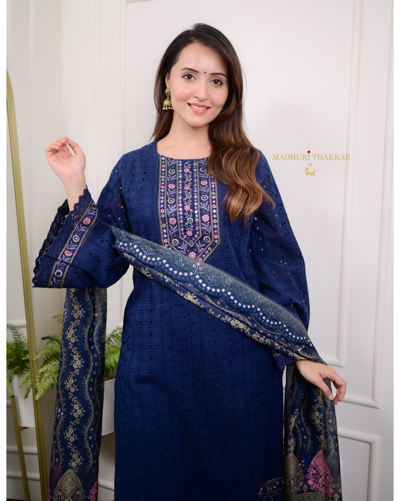 Navy Blue Schiffli Cutwork Pakistani Suit