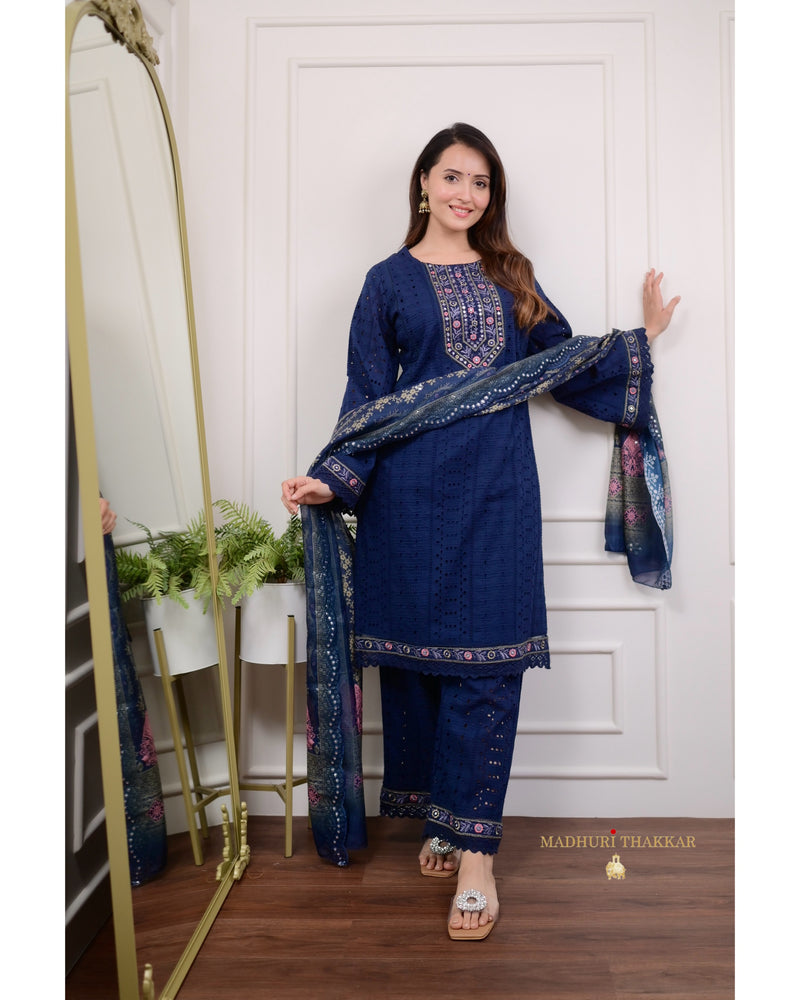 Navy Blue Schiffli Cutwork Pakistani Suit