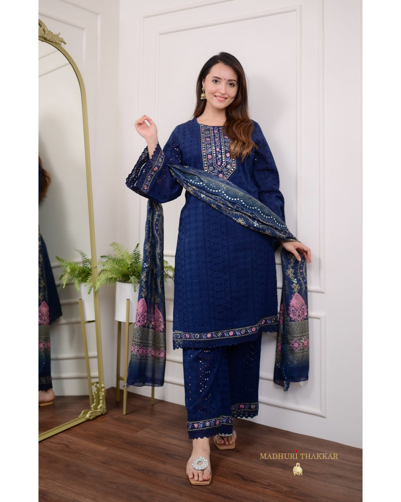 Navy Blue Schiffli Cutwork Pakistani Suit