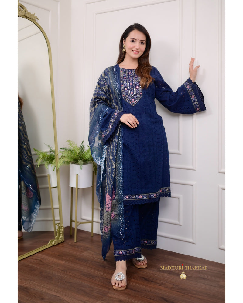 Navy Blue Schiffli Cutwork Pakistani Suit