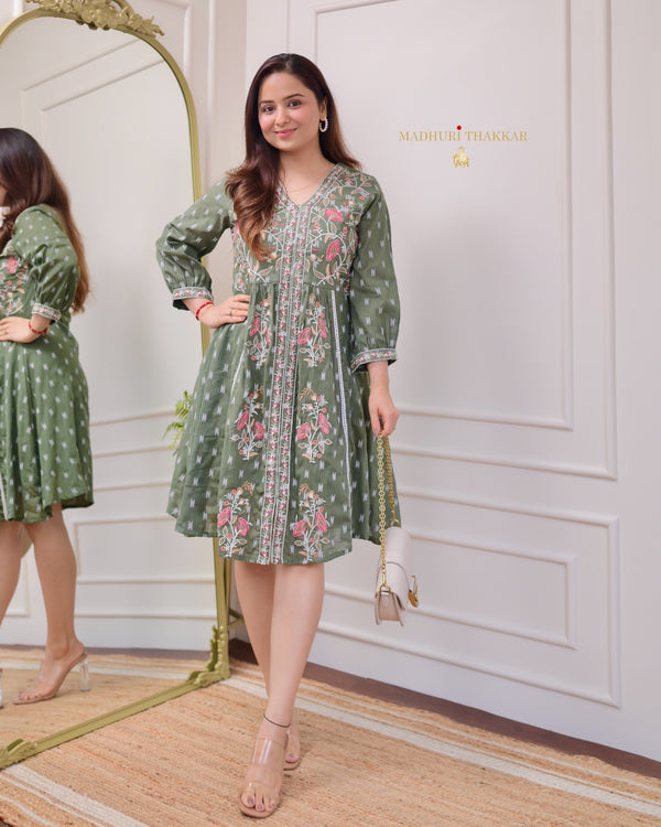 Bottle Green Thread Embroidered Cotton Dress