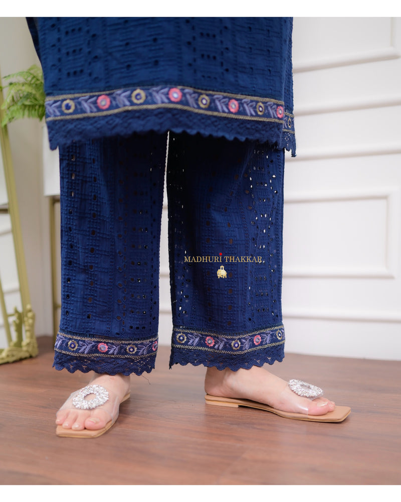 Navy Blue Schiffli Cutwork Pakistani Suit