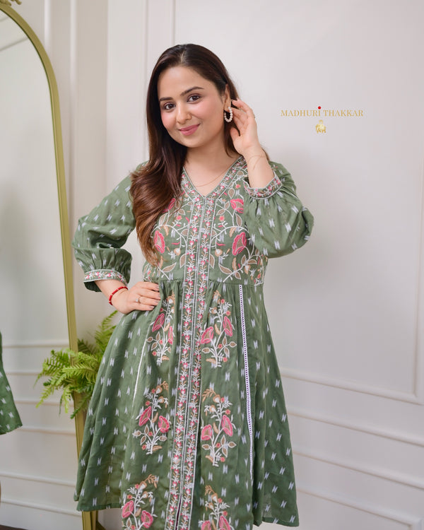 Bottle Green Thread Embroidered Cotton Dress