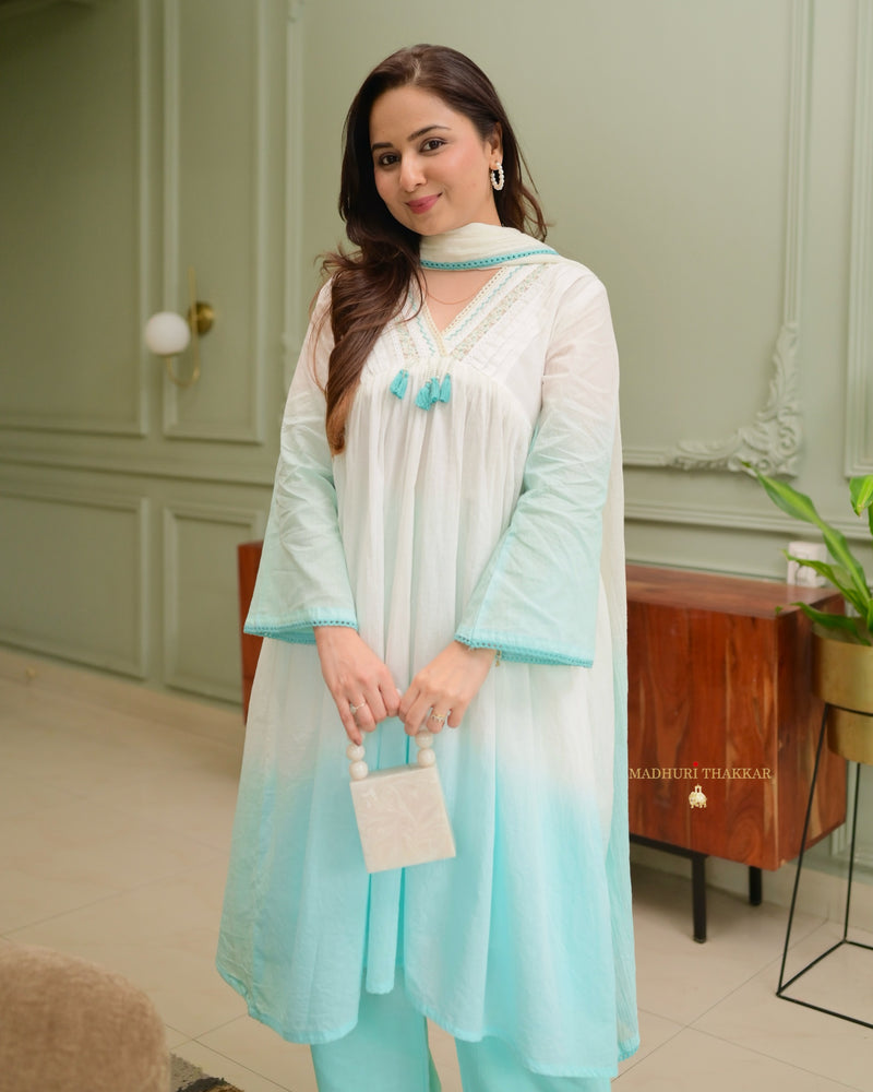 Turquoise Ombre Mul Cotton A Line Suit