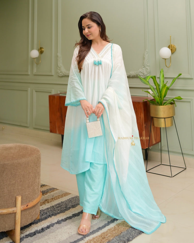 Turquoise Ombre Mul Cotton A Line Suit