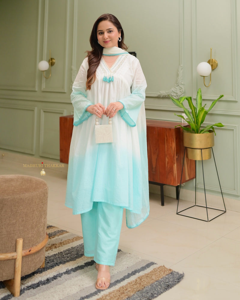 Turquoise Ombre Mul Cotton A Line Suit