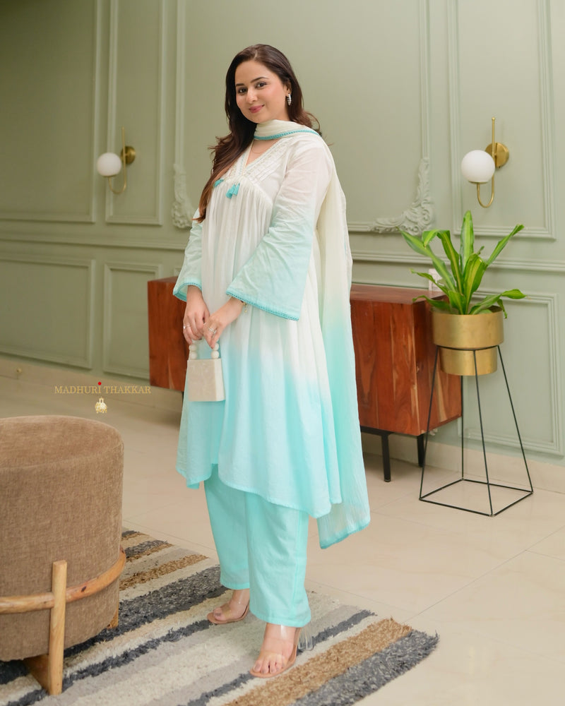 Turquoise Ombre Mul Cotton A Line Suit