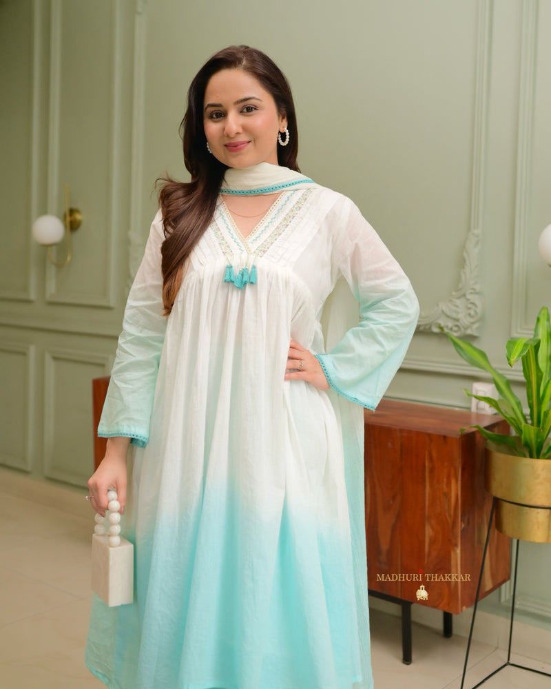 Turquoise Ombre Mul Cotton A Line Suit