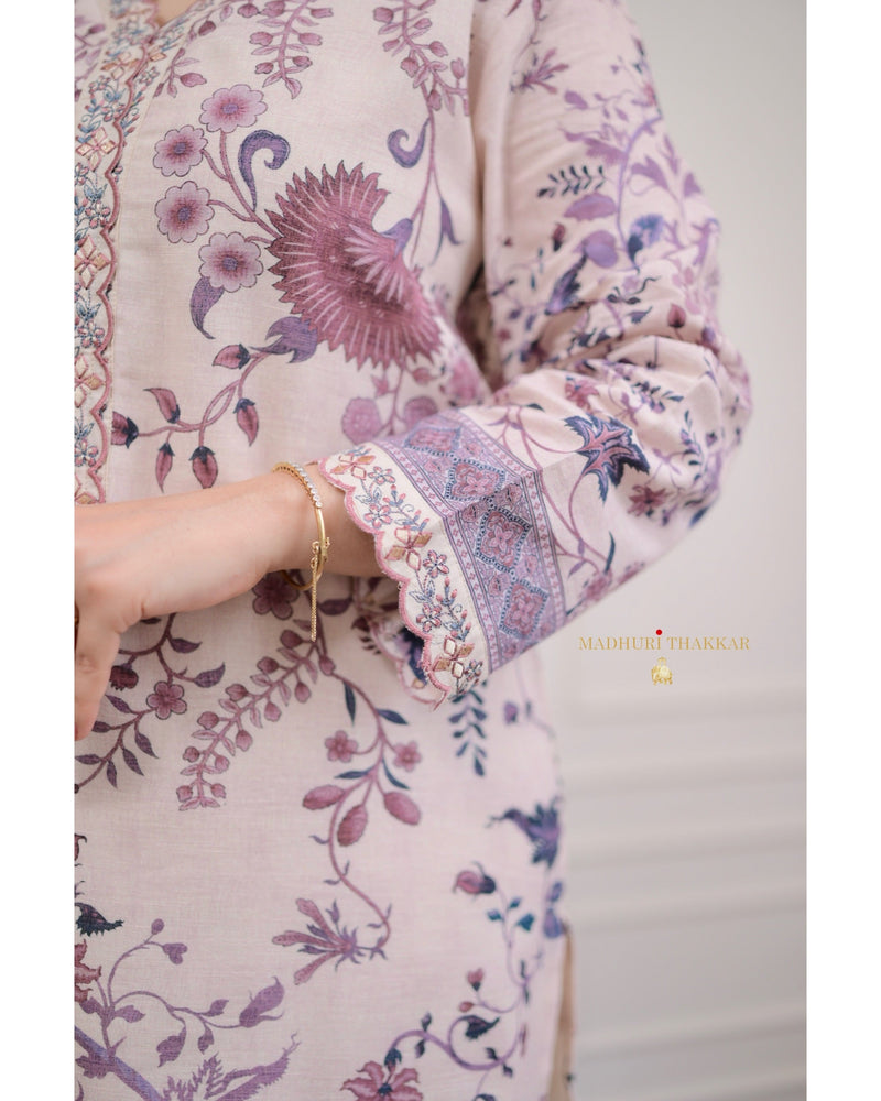 Ivory-Lilac Floral Mul Cotton Suit