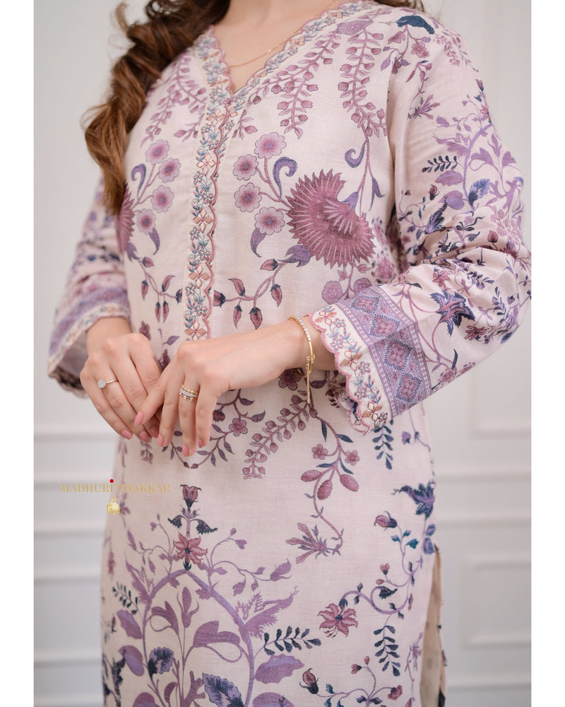 Ivory-Lilac Floral Mul Cotton Suit