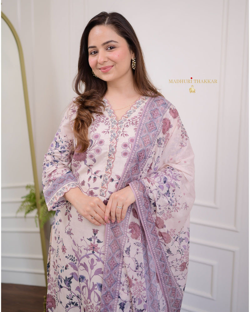 Ivory-Lilac Floral Mul Cotton Suit