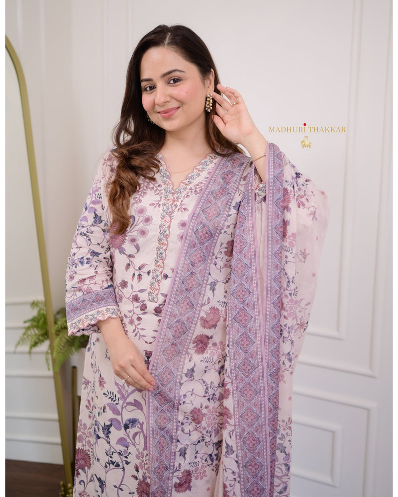 Ivory-Lilac Floral Mul Cotton Suit