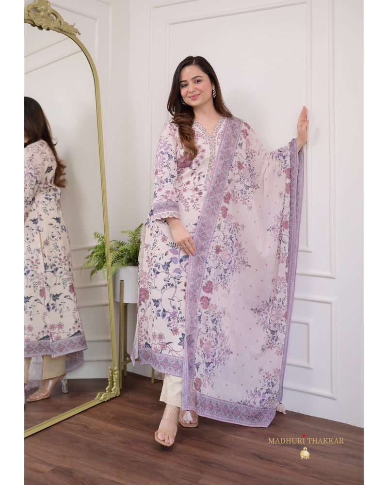 Ivory-Lilac Floral Mul Cotton Suit