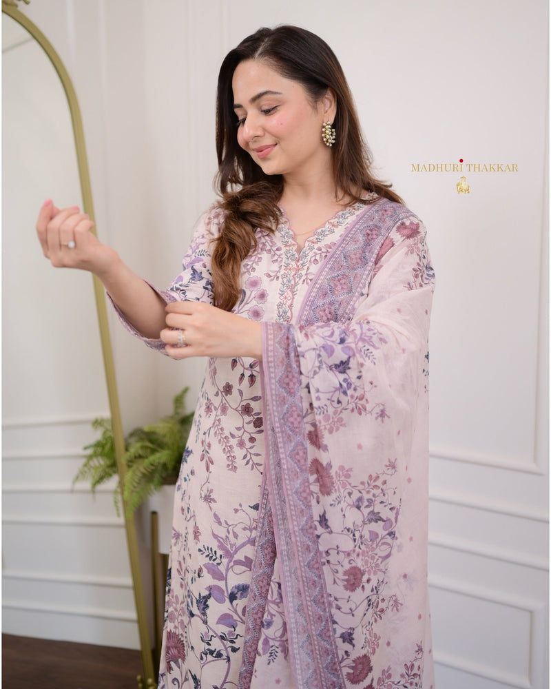 Ivory-Lilac Floral Mul Cotton Suit