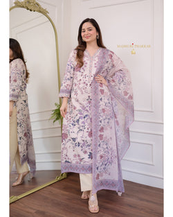 Ivory-Lilac Floral Mul Cotton Suit